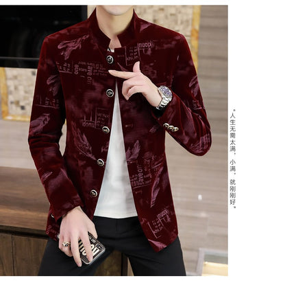 Luxury Retro Velvet Suit Jacket for Men Fashion Slim Fit Stand Collar Blazer Masculino Casual Business Wedding Dress Coat