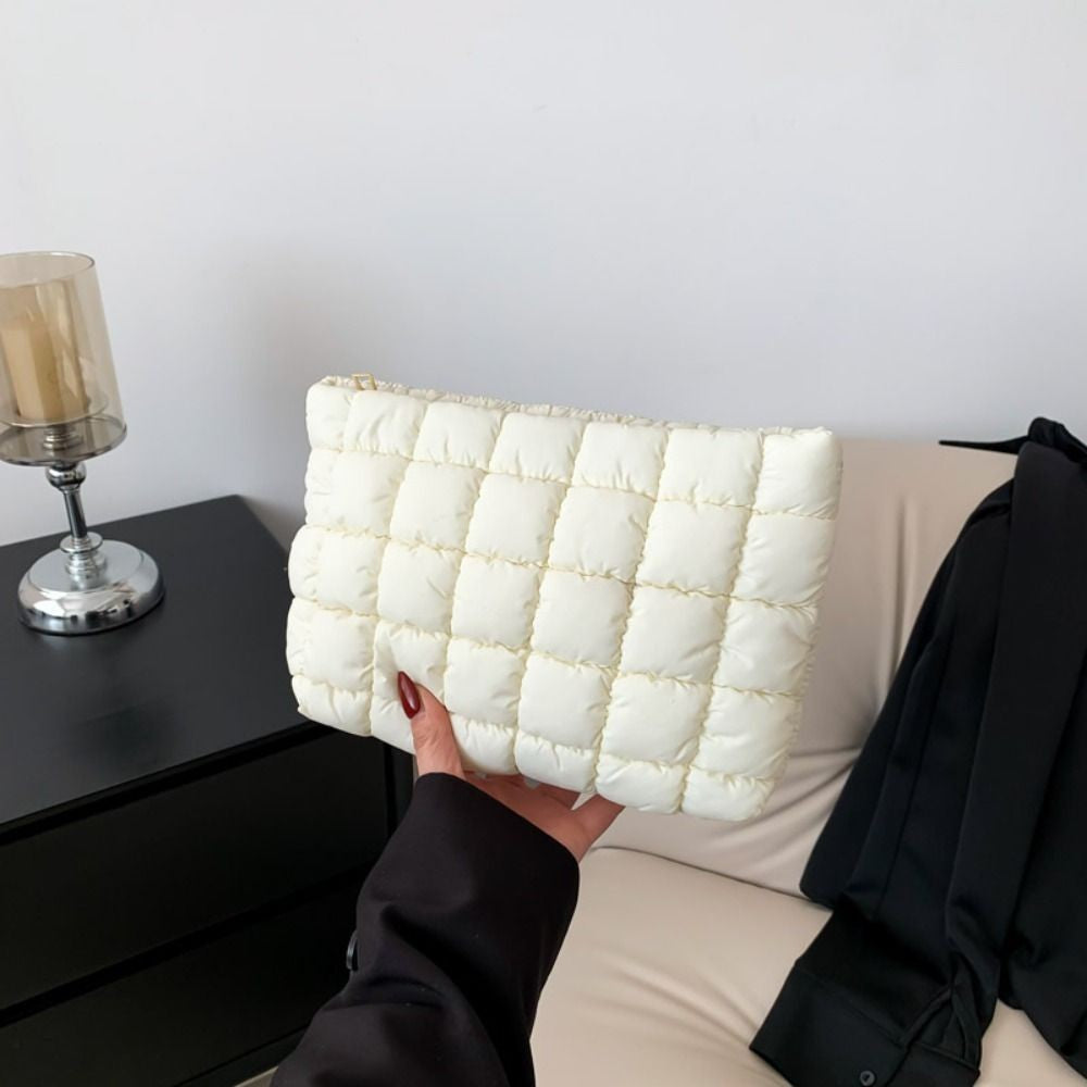 Elegant Puffy Quilted Padded Makeup Bag Zipper Storage Bag Cotton Clutch Bag Handbag Solid Color Cosmetic Bag Lady