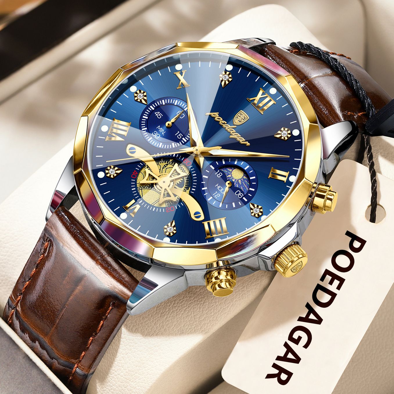 POEDAGAR Relógio de Pulso Militar de Luxo Masculino Quartzo Impermeável Luminoso Cronógrafo Couro Masculino Relógio Esportivo Masculino Relógio Masculino