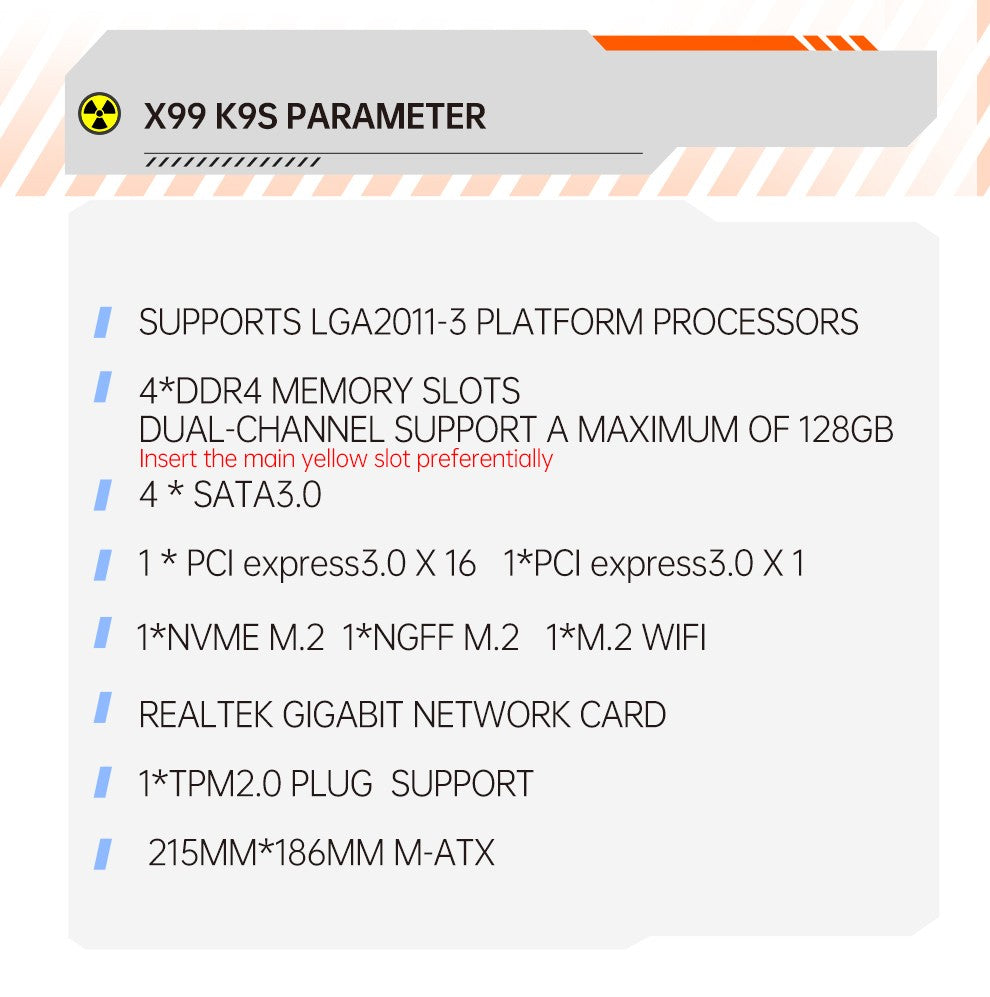 QIYIDA X99 Motherboard LGA2011-3 Slot SATA3.0 USB3.0 NVME M.2 NGFF WIFI Support DDR4 Memory and Xeon E5 V3 V4 Processor TPM14PIN