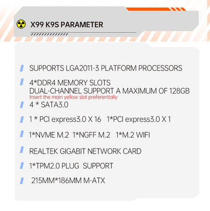 QIYIDA X99 Motherboard LGA2011-3 Slot SATA3.0 USB3.0 NVME M.2 NGFF WIFI Support DDR4 Memory and Xeon E5 V3 V4 Processor TPM14PIN