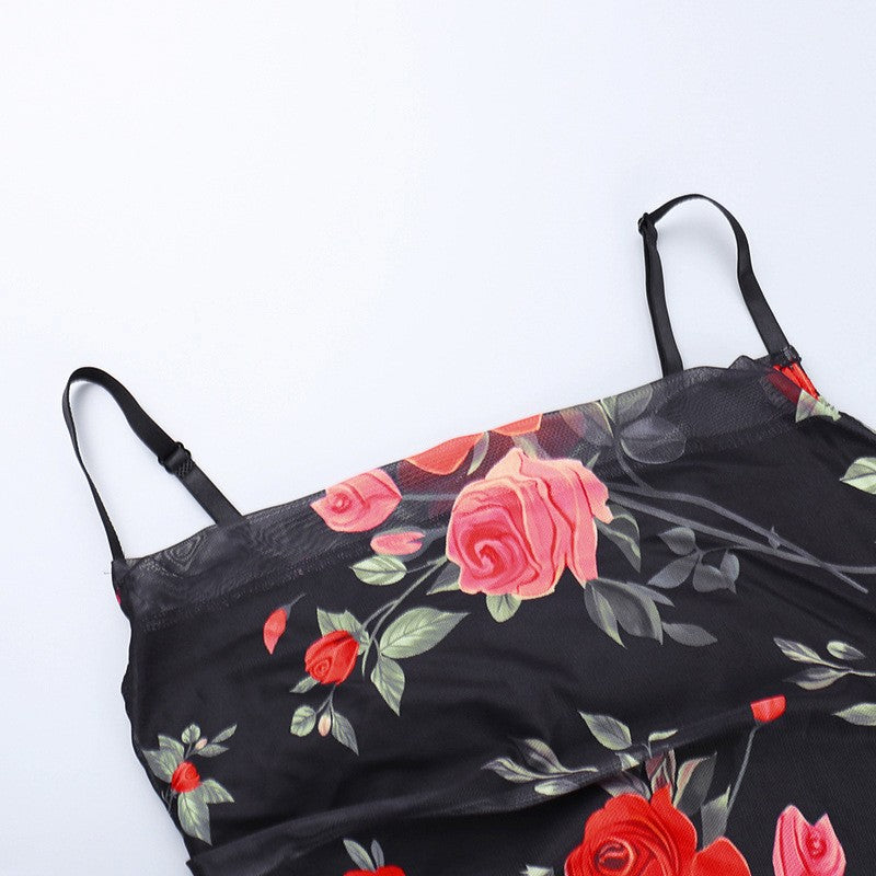 Flowers Print Spaghetti Strap Dresses Women Temperament Package Hip Bodycon Long