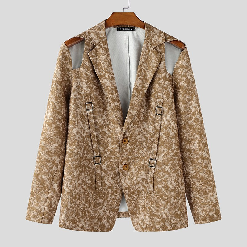 INCERUN Men Blazer Printing Hollow Out Lapel Long Sleeve Male Suit Streetwear Elegant Fashion Casual Thin Coats Men Blazer S-5XL