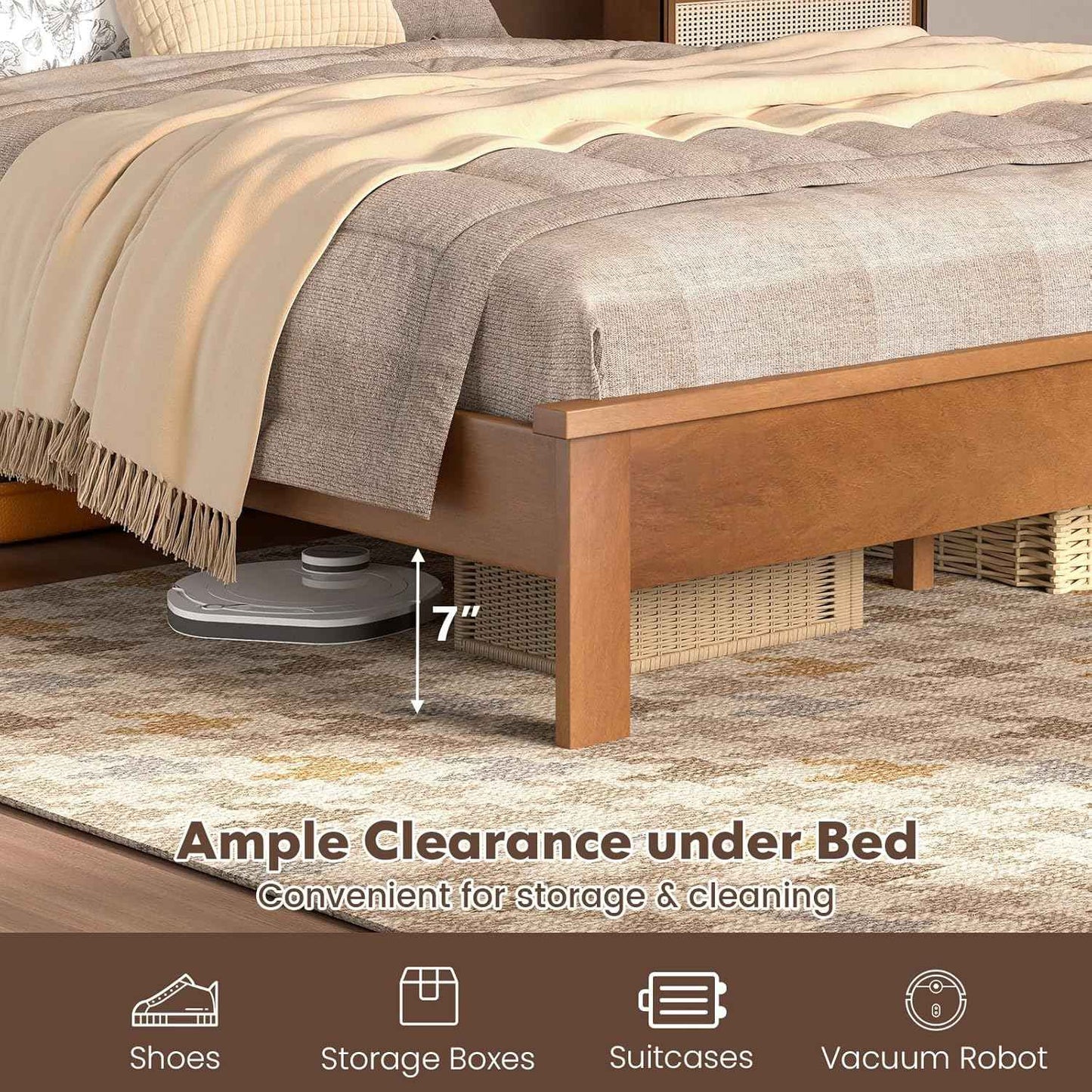 Cama de plataforma completa de madeira com cabeceira, Estrutura de cama de meados do século com pernas de madeira maciça e suporte de ripas de madeira, Pallet Be