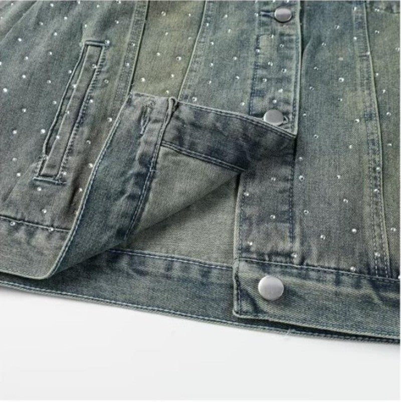 American Trendy Denim Jacket Mens Make Old Flash Diamond Fashion Outwear Spring Single-breasted Street Couple Cowboy Coats