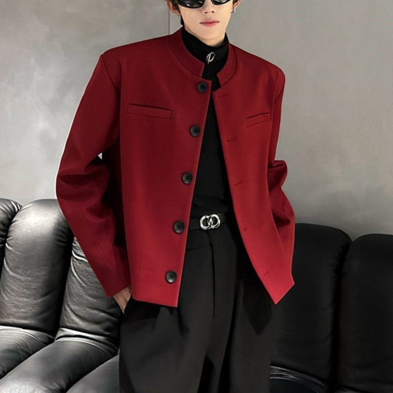 Wine Red Blazers Men Suit Jackets Casual Stand Collar Solid Color Male Short Coats Korean Trendy Men's Clothing Autumn New