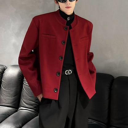 Wine Red Blazers Men Suit Jackets Casual Stand Collar Solid Color Male Short Coats Korean Trendy Men's Clothing Autumn New