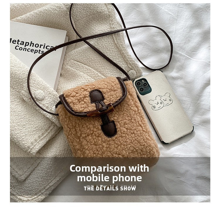 Fashion Winter Lambswool Phone Bag Sweet Lovely Portable Women Wallets Square Purse Faux Fur Plush Shoulder Bags Purses Handbags