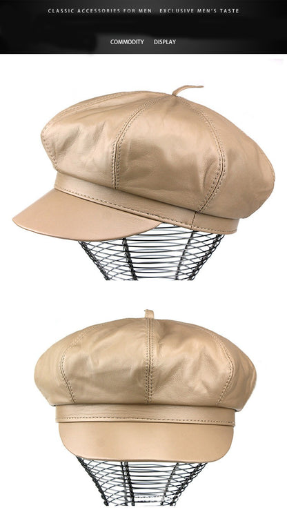 Autumn Winter Women's Genuine Sheep Leather Octagonal Beret | Leopard Print Trendy Painter Hat Celebrity Style Versatile Cap