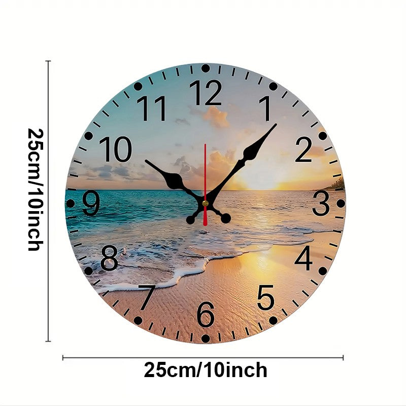 The Beach Wooden Round Silent Hanging Wall Clock, Suitable For Living Room, Office, Study Room, Bedroom, Home Decoration