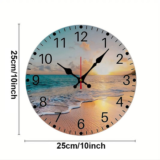 The Beach Wooden Round Silent Hanging Wall Clock, Suitable For Living Room, Office, Study Room, Bedroom, Home Decoration
