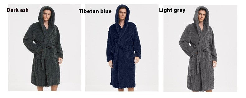 New American Cotton Velvet Jacquard Hooded Men's Dressing Gown with Fleece Thickened Autumn and Winter Couple Dressing Gown