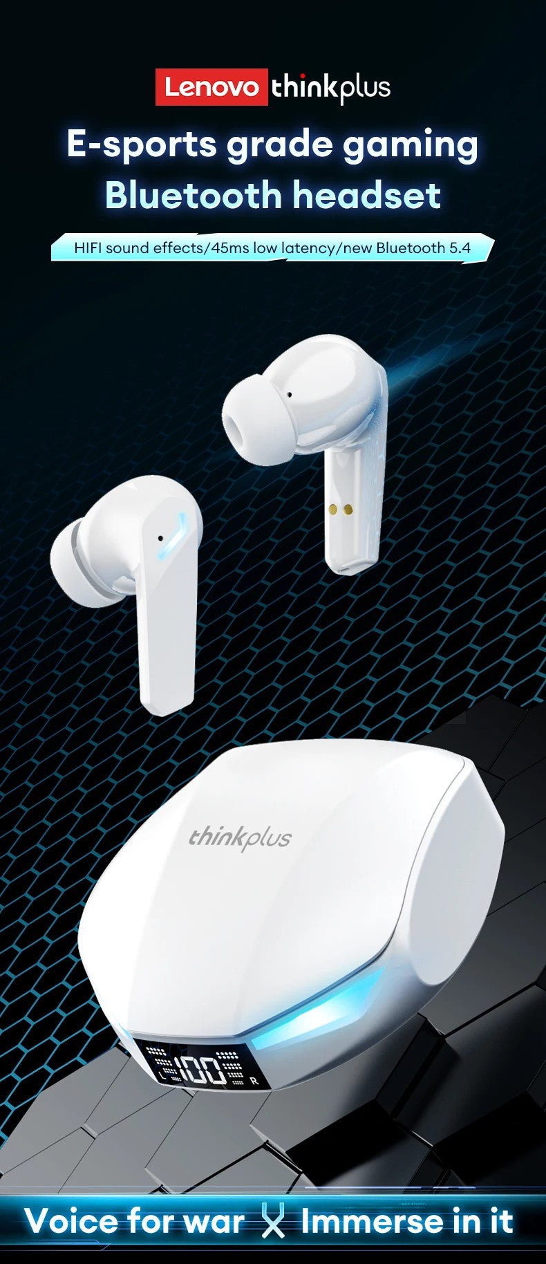 Fones de Ouvido Bluetooth V5.4 Lenovo XT53 Originais com Display LED de Energia Fone de Ouvido para Jogos Impermeável Anti-suor Fone de Ouvido Sem Fio Atualizado