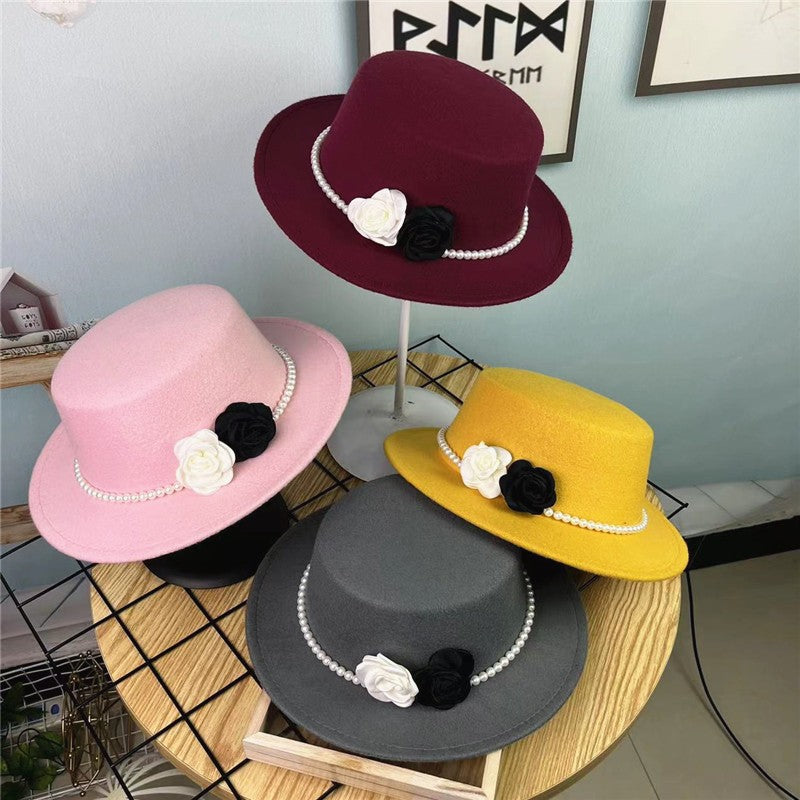 Chapéu Fedora Feminino Corrente Floral Alta Costura com Alfinetes de Pérola Boné em Relevo Preto Branco Outono Inverno Chapéu de Aba Larga para Meninas