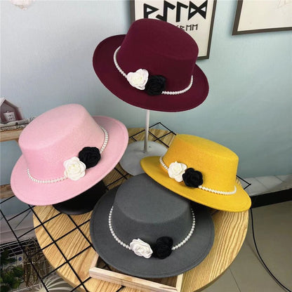 Chapéu Fedora Feminino Corrente Floral Alta Costura com Alfinetes de Pérola Boné em Relevo Preto Branco Outono Inverno Chapéu de Aba Larga para Meninas