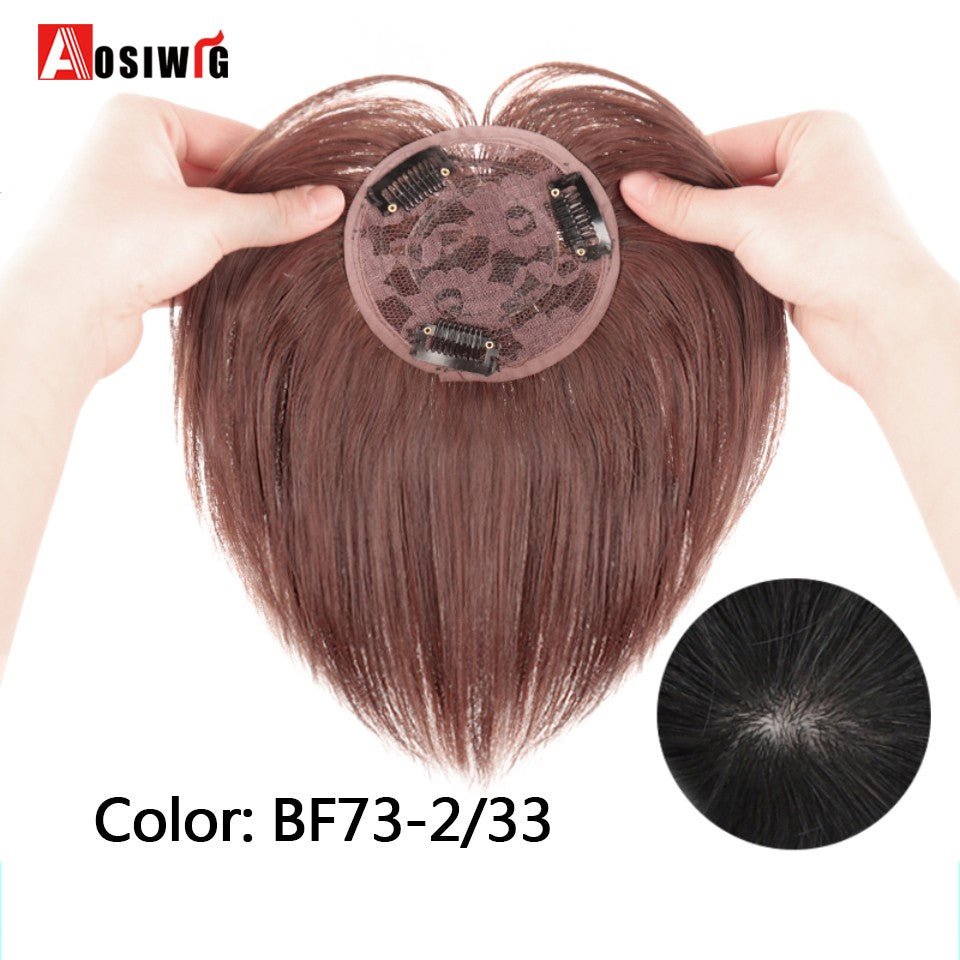 Perucas de cabelo encaracolado sintético AOSI castanho preto, substituição de extensões de cabelo tipo topete, apliques femininos com franja
