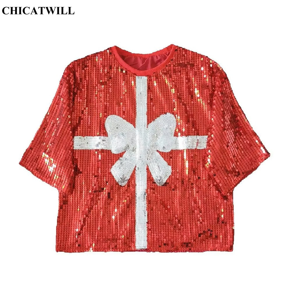 CHIC European American Festival Xmas Tree Bow Women Sequined T-shirt Short Top Casual Jersey Girls Short Sleeves Tee Christmas