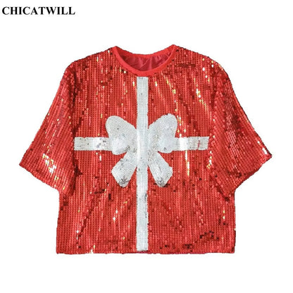 CHIC European American Festival Xmas Tree Bow Women Sequined T-shirt Short Top Casual Jersey Girls Short Sleeves Tee Christmas