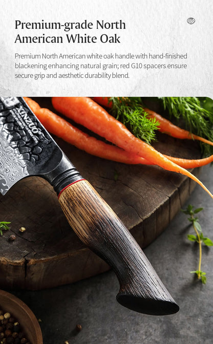 XINZUO 1-6-Piece Damascus Knife Set 67-Layer Steel White Oak Red G10 Handles Paring Utility Cleaver Santoku Bread Knife