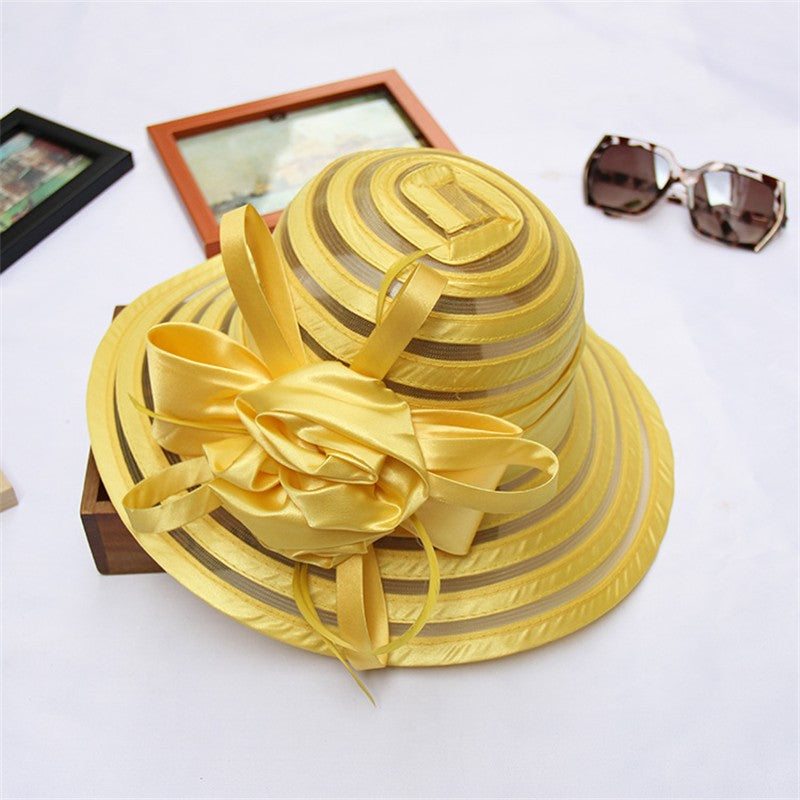 Chapéus de Sol de Organza Femininos Elegantes Chapéu Bucket para Mulheres Chapéu de Festa de Casamento na Igreja Chapéu Fedora Floral Grande de Aba Larga da Moda de Verão
