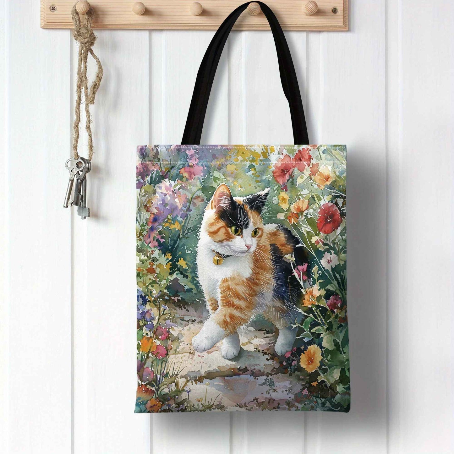 Watercolor Illustration of Cute Charming Calico Cat Print Shoulder Bag for Men Women Reusable Lightweight Portable Handheld Bag