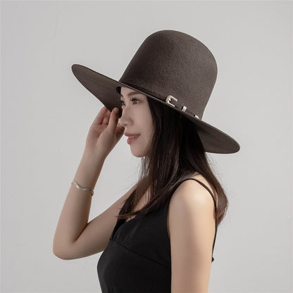 202409-HH2103B ins elegante chapéu de feltro de inverno de lã com coroa alta e cinto 58cm de circunferência modelo desfile chapéu de sol masculino feminino para lazer