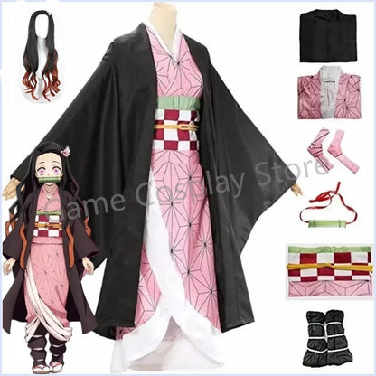 Anime Nezuko Cosplay Kamado Nezuko Cosplay Costume Nezuko Wig Uniform with Props for Adult Kids Halloween Carnival Costumes