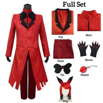Alastor Hazbin Cosplay Costume Hotel Radio Demon Cosplay Red Jacket Shirt Pants Gloves Tie Uniform Halloween Full