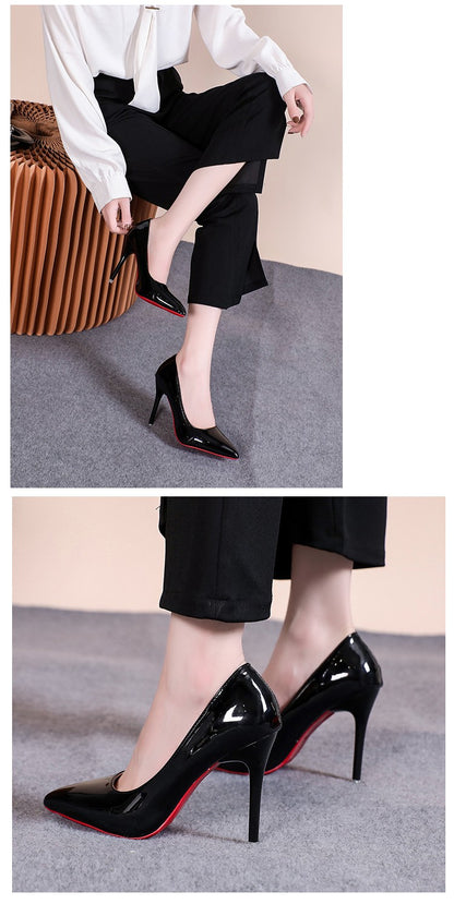 Sapatos de Salto Agulha Bico Fino de Couro Sintético Envernizado Sensuais, Sola Vermelha para Festa, Sapatos de Trabalho Pretos Clássicos para Meninas com Temperamento