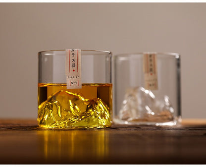 Conjunto de Copos de Uísque de Montanha Glacial 3D Japonesa - Copos Baixos & para Pedras com Caixa de Presente de Madeira para Uísque, Vodka, Vinho