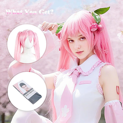 Peruca de Cabelo Sintético de Cosplay de Anime Miku de Alta Qualidade 116 cm de Comprimento com Rabo de Cavalo Duplo Destacável para Festa de Halloween e Carnaval Resistente ao Calor