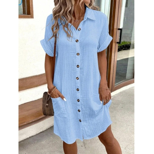 Fashion Women Summer Short Sleeve Shirt Dress Elegant Loose Simple Pockets Offic