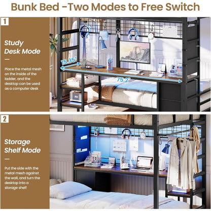 Full Size Over Twin Bunk Bed with Desk and Charging Station Metal Loft Bed with Led Lights & Storage Shelves