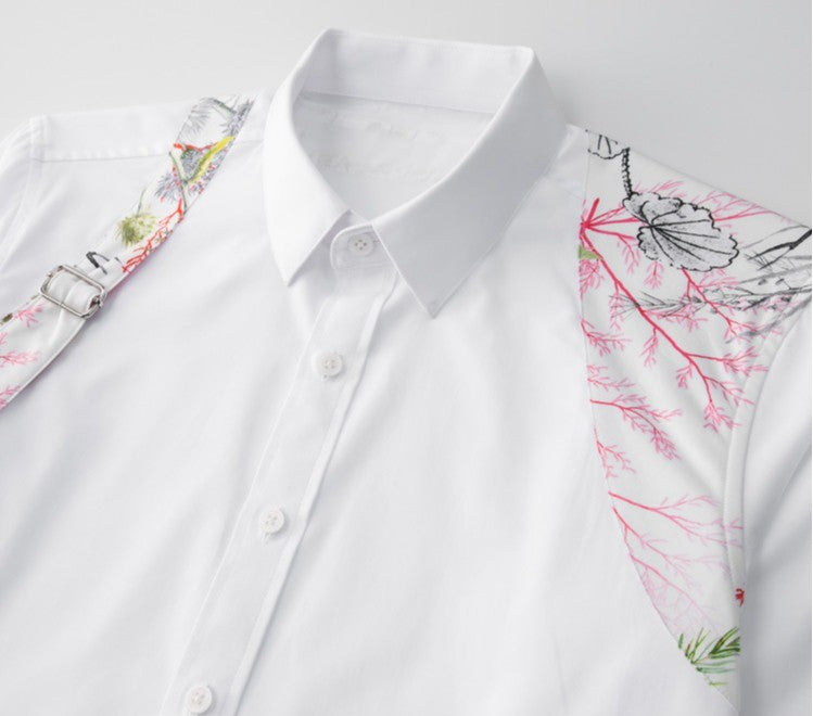 Fashion Shoulder Strap Splicing Long Sleeved Men's Shirt Cargo Casual Daily Shirts Slim Fit Cotton Business Party Social Tops