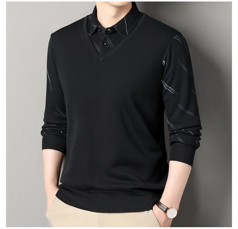 Men's Fleece Lining Sweater Autumn Winter Pullover Polo Shirt Collar Fake Two Piece Thick Warm Top Clothes Casual Knitwear