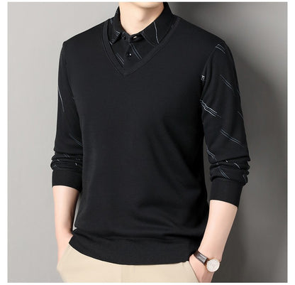 Men's Fleece Lining Sweater Autumn Winter Pullover Polo Shirt Collar Fake Two Piece Thick Warm Top Clothes Casual Knitwear