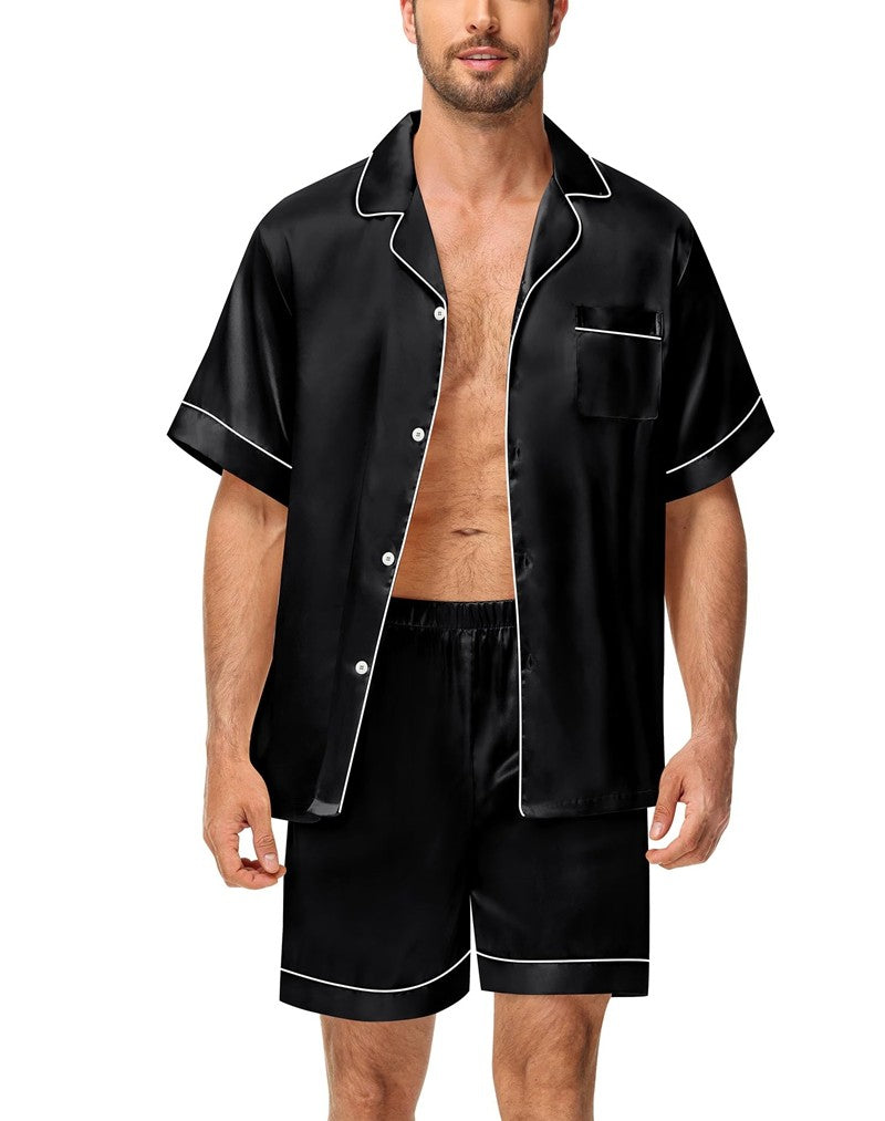 Men's Luxury Satin Pajama Set Short Sleeve Lapel Front Buttons Top And Elastic Shorts Comfortable Fit Loungewear Sleepwear Pjs