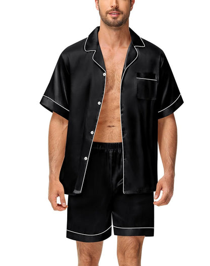 Men's Luxury Satin Pajama Set Short Sleeve Lapel Front Buttons Top And Elastic Shorts Comfortable Fit Loungewear Sleepwear Pjs