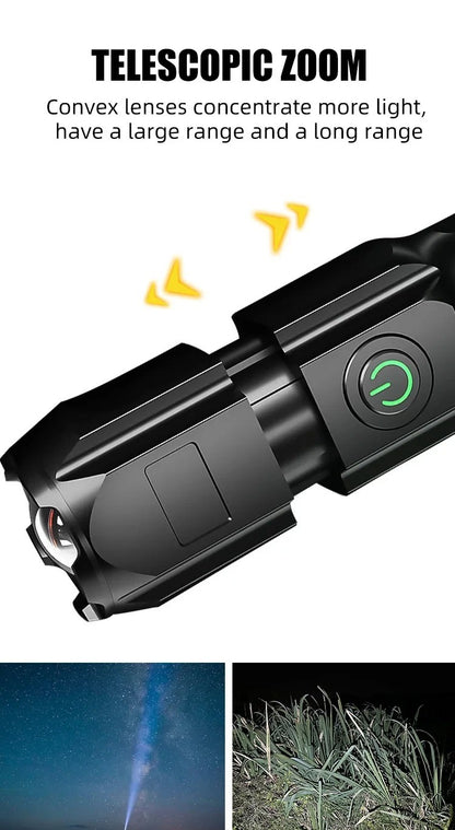 LED Camping Torch Flashlight High Power Rechargeable USB Spotlight Zoom Lantern Built-in Battery For Fishing Outdoor Waterproof