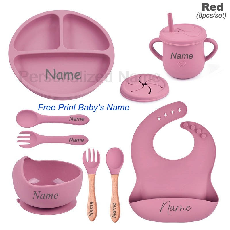 8Pcs Silicone Tableware Set Personalized Name Logo Baby Feeding Set Spoon Fork Suction Cup Bowl Silicone Dinner Plate For Kids