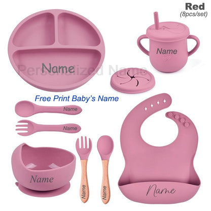 8Pcs Silicone Tableware Set Personalized Name Logo Baby Feeding Set Spoon Fork Suction Cup Bowl Silicone Dinner Plate For Kids