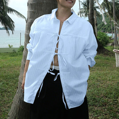 INCERUN Men Striped Shirt Lapel Long Sleeve Lace Up Hollow Out Men Clothing Oversize Korean Style Streetwear Casual Shirts Men