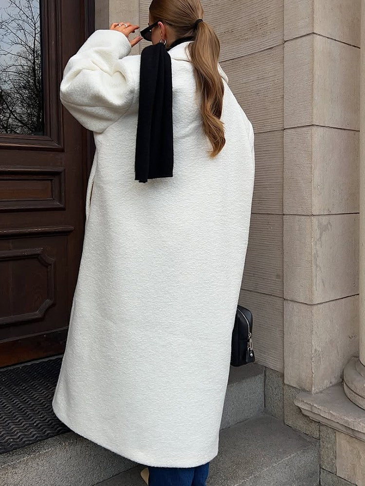 Elegant White Lapel Woolen Long Coat Women Fashion Full Sleeve Single-breasted Warm Loose Coats Lady Winter Commute Street Wear