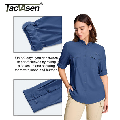 TACVASEN Womens UPF 50+ Fishing Shirts UV Block Quick Dry Long Sleeve Cargo Shirts Breathable Mesh Outdoor Trekking Hiking Shirt