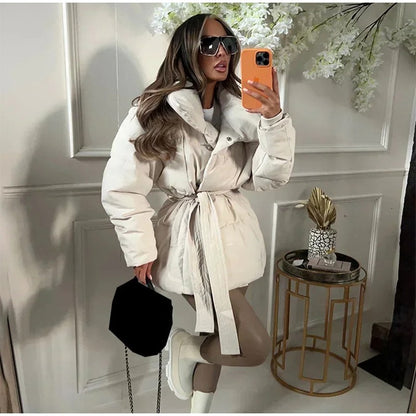 Solid Lapel Lace Up Cotton Coat Women Fashion Long Sleeve Warm Loose Pocket Short Coats Lady New Winter Commute Street Outwears