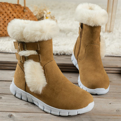 Winter Round Toe Plus Velvet Warm Side Zipper Casual Mid-calf Boots New Comfortable Fashionable Buckle Flat Snow Boots for Women