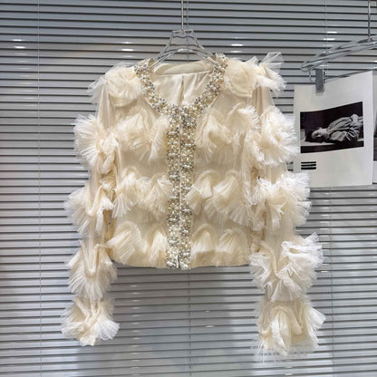 2025 Autumn New French Pearl Lace Layered Mesh Jacket Top