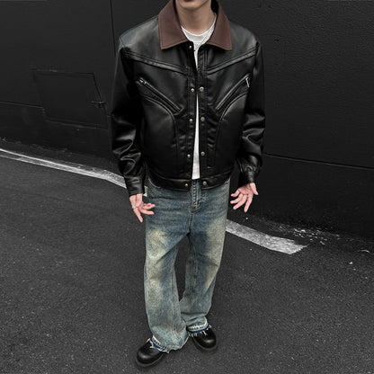 Mens Leather Jacket Biker Jacket PU Leather 2025 New Windproof Stand Collar Single Breasted Short Coat Slim Fit Mens Jacket