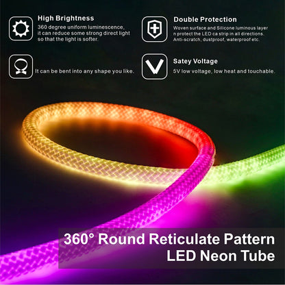 DC5V WS2812B WS28111 Round Reticulate Pattern Neon LED Strip 360 Degree Smart RGB Flexible Silicon Light Tape IP67 And 28Key Kit