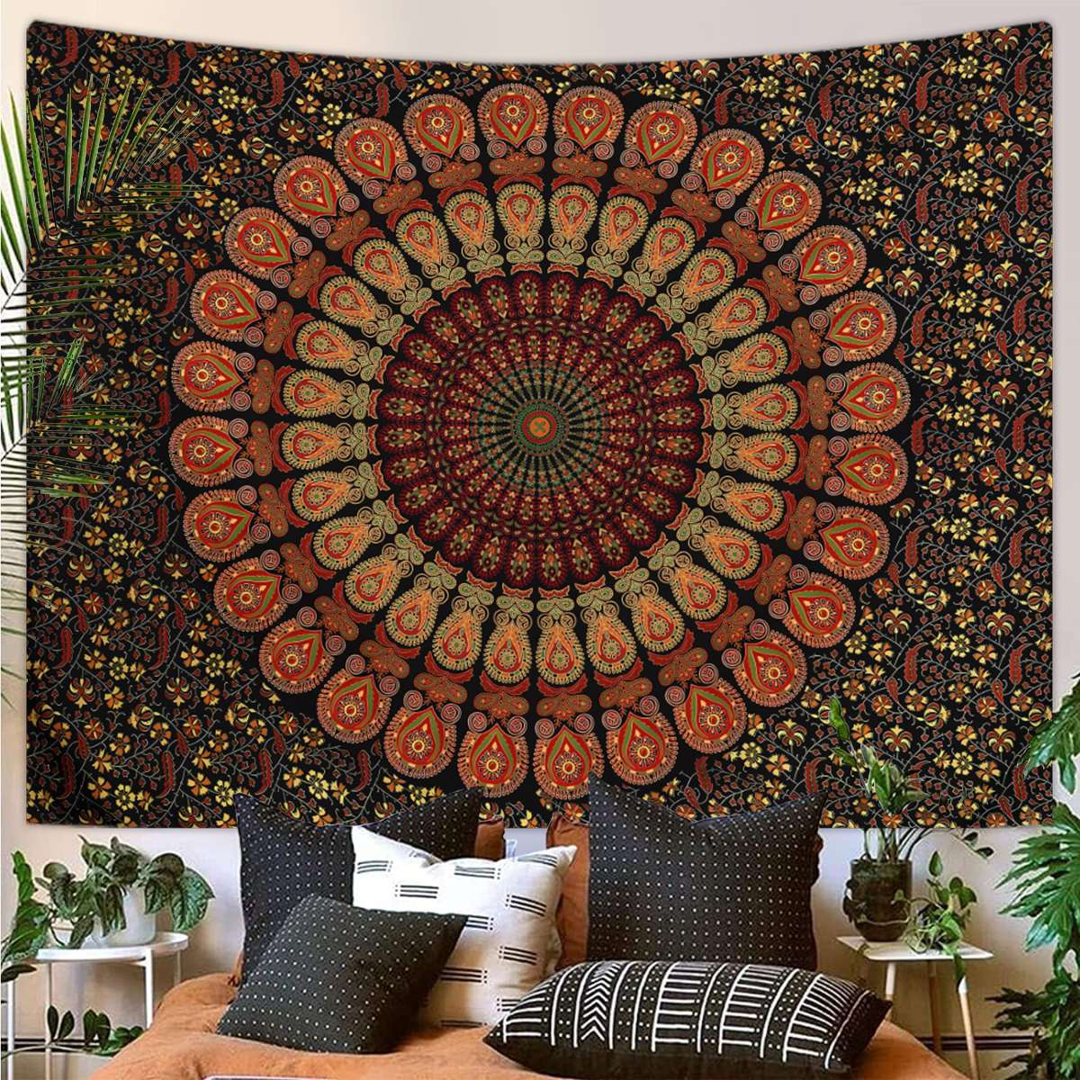 1pc Bohemian Mandala Tapestry, Retro Plant Flower psychedelic Tapestry, Hippie Style Room Decoration Wall Hanging